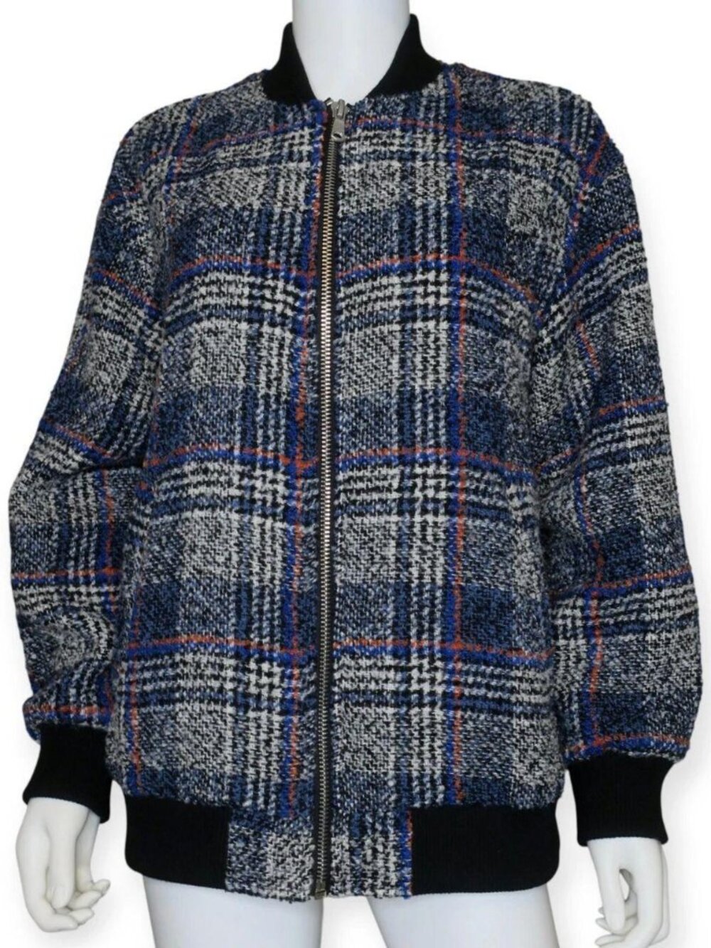 Avec Les Filles Women's Plaid Tweed Bomber Jacket Blue/Gray Size Large